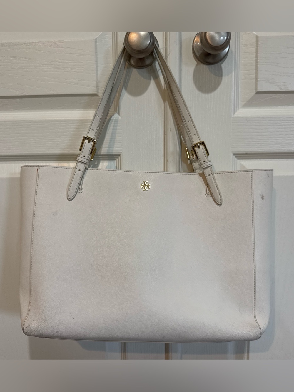 Tory Burch White Leather Saffiano Leather Tote Bag